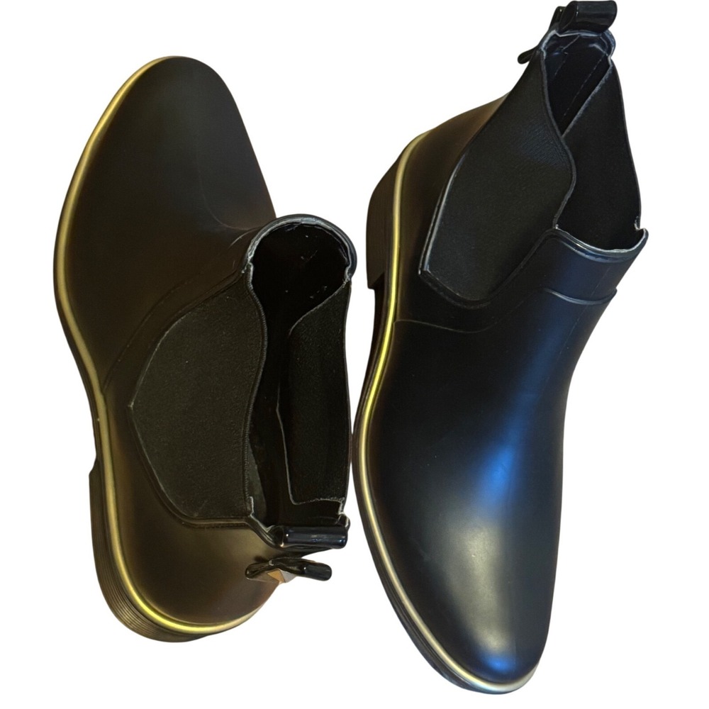 Kate Spade NY Sedgwic Chelsea Black Ankle Rain Rubber Boots Gold Trim Size 8 - Picture 4 of 12